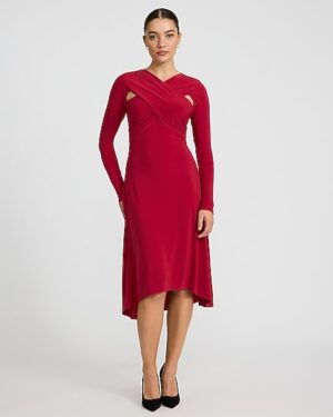Jersey Draped Cutout Long Sleeve Midi Fit and Flare Dress