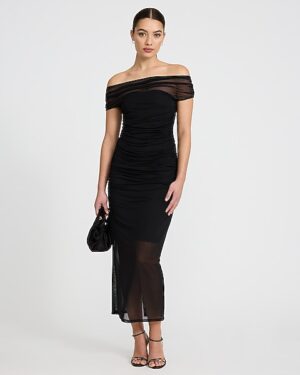 Mesh Off The Shoulder Ruched Maxi Dress