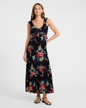 Floral V-Neck Ruched Ruffle Waist Sleeveless Tiered Maxi Dress