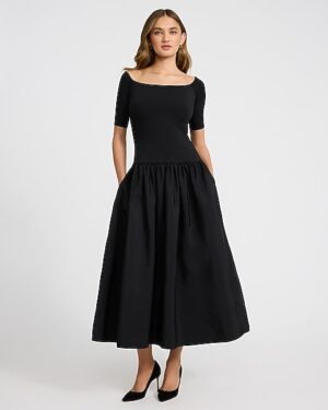 Off The Shoulder Mixed Media Drop Waist Maxi Dress with Pockets