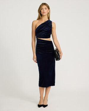 Velvet One Shoulder Asymmetrical Cutout Midi Dress