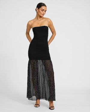 Strapless Mixed Media Polka Dot Tulle Maxi Dress