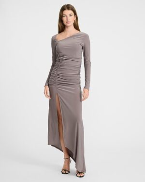Jersey Long Sleeve Asymmetrical Ruched Maxi Dress