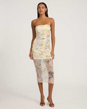 Mesh Floral Strapless Midi Dress