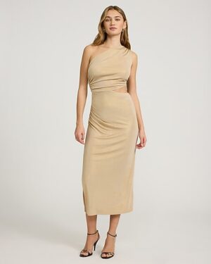 Metallic One Shoulder Cutout Ruched Midi Dress