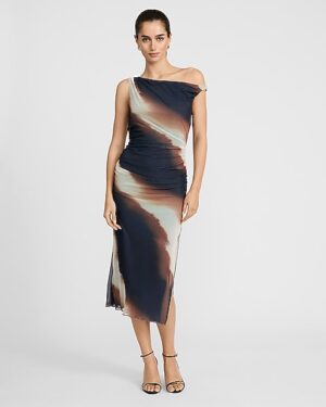 Printed Mesh Asymmetrical Off The Shoulder Ruched Midi Dress