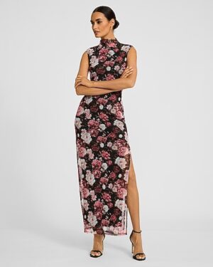 Floral Mesh Mock Neck Sleeveless Maxi Dress
