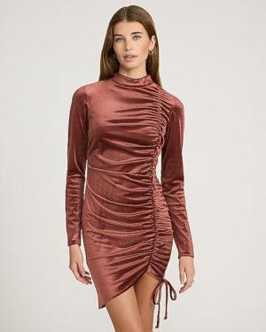 Velvet Mock Neck Cinched Ruched Mini Dress