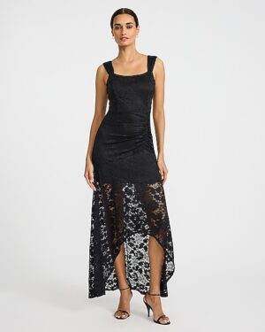 Lace Scoop Neck Sleeveless Ruched High-Low Maxi Dress