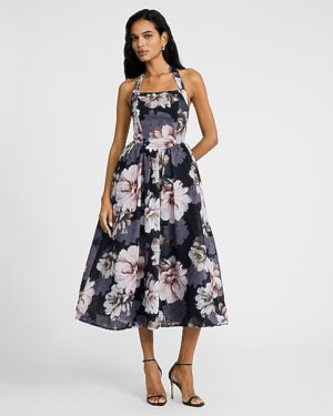 Floral Halter Neck Fit and Flare Midi Dress