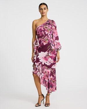 Satin Floral One Shoulder Asymmetrical Ruffle Maxi Dress