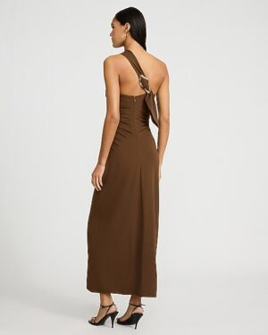 One Shoulder Hardware Ruched Maxi Sheath Dress