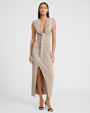 Deep V-Neck Draped Ruched Knit Maxi Dress