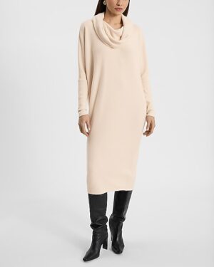 Ribbed Knit Cowl Neck Long Sleeve Midi Shift Dress