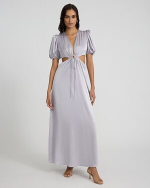 Satin V-Neck Puff Sleeve Tie Front Cutout Maxi Dress