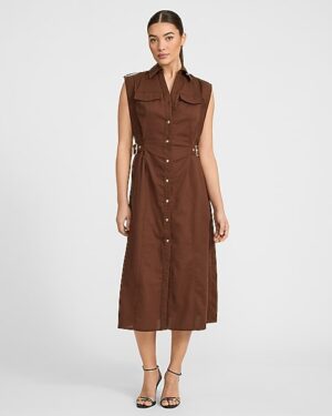 Button Front Adjustable Belted Side Midi Shirt Dress