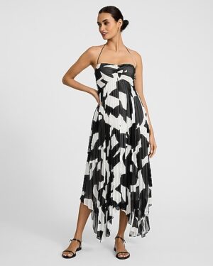 Printed Pleated Tie Halter Sweetheart Asymmetrical Midi Dress