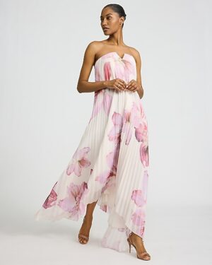 Floral Pleated Strapless Maxi Dress