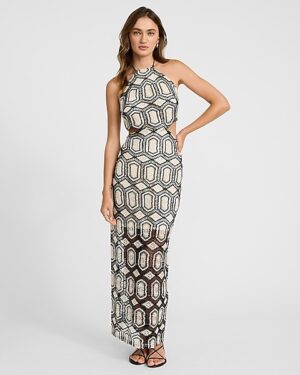 Crochet Halter Cutout Open Back Maxi Dress