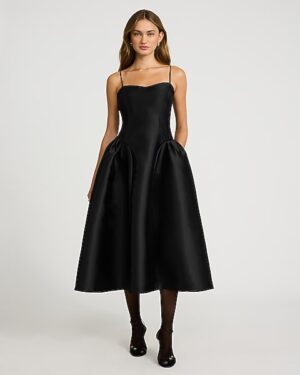Satin Sweetheart Sleeveless Drop Waist Midi Dress with Pockets