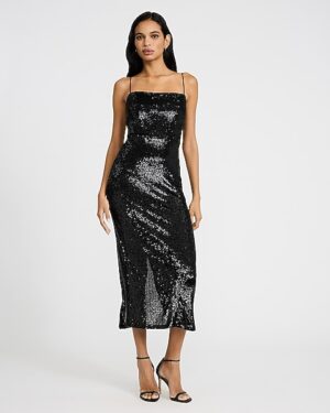 Sequin Square Neck Sleeveless Midi Dress