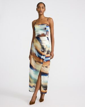 Printed Satin Sweetheart Ruched Maxi Dress