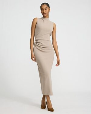 Crepe Mock Neck Sleeveless Ruched Maxi Sheath Dress
