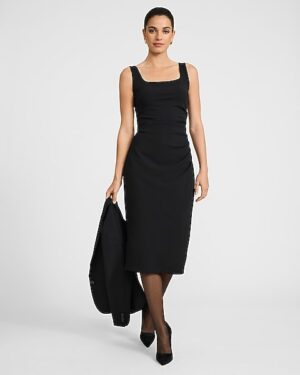 Crepe Scoop Neck Sleeveless Ruched Midi Sheath Dress