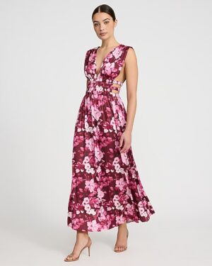 Floral Satin Strappy Pleated V-Neck Sleeveless Cutout Maxi Dress