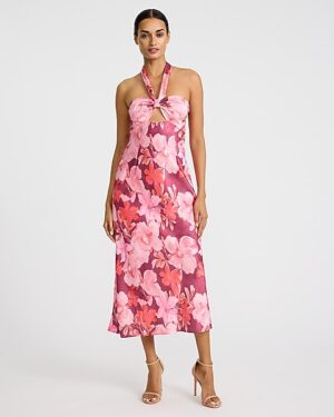 Satin Floral Halter Neck Cutout Midi Dress