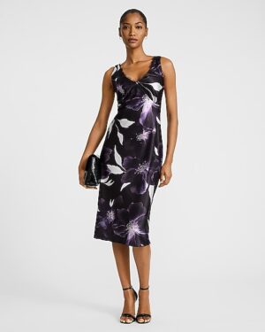 Floral Satin V-Neck Sleeveless Midi Dress