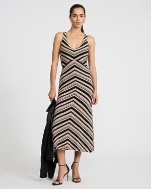 Striped V-Neck Sleeveless Back Cutout Midi Knit Dress