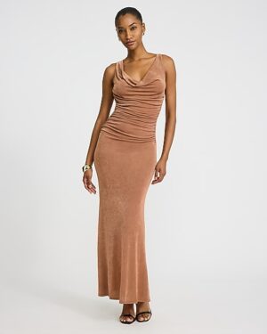 Shine Cowl Neck Sleeveless Ruched Maxi Dress