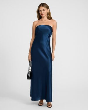 Satin Strapless Bow Back Maxi Dress
