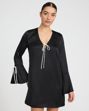 Satin V-Neck Bell Sleeve Contrast Bow Mini Dress