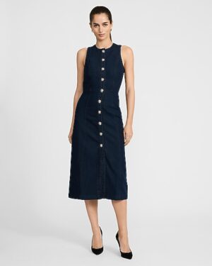 Denim Crew Neck Novelty Button Front Midi Dress