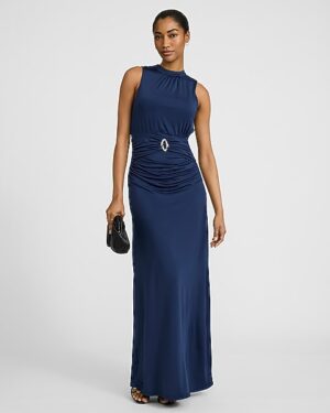 Crew Neck Sleeveless Belted Ruched Maxi Dress