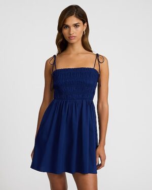 Square Neck Tie Strap Smocked Mini Fit and Flare Dress