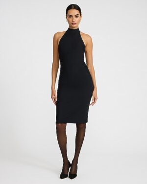 Mesh Halter Mock Neck Midi Sheath Dress