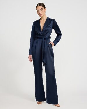 Satin V-Neck Long Sleeve Belted Wide Leg Jumpsuit with Pockets