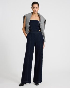 Denim Strapless Cutout Wide Leg Jumpsuit with Pockets