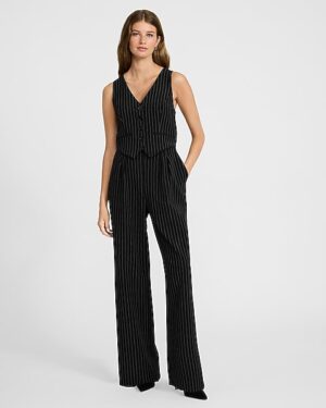 Pinstripe Tailored Vest Wide Leg Jumpsuit with Pockets