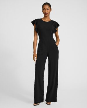 Crew Neck Flutter Sleeve Wide Leg Jumpsuit with Pockets