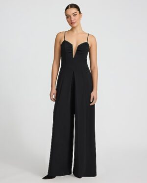 Crepe Deep V-Wire Pleated Wide Leg Jumpsuit with Pockets
