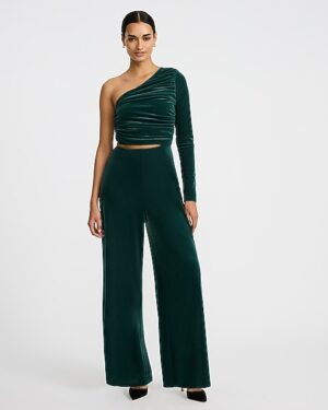 Velvet One Shoulder Ruched Cutout Jumpsuit