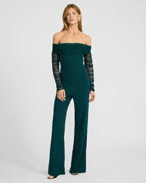 Ruched Mesh Off The Shoulder Wide Leg Jumpsuit