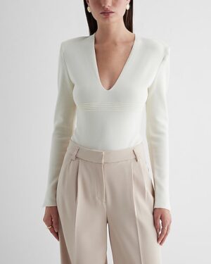 Padded Shoulder Deep V-Neck Sweater Bodysuit