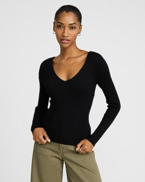 Silky Soft Fitted Ribbed Double V-Neck Sweater
