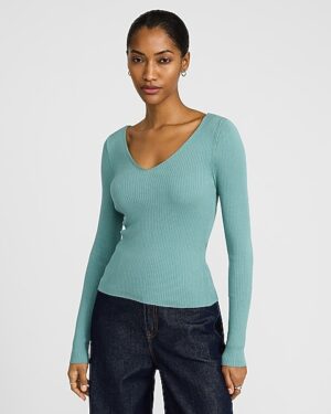 Silky Soft Fitted Ribbed Double V-Neck Sweater