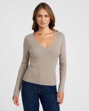Silky Soft Fitted Ribbed Long Sleeve Double V-Neck Sweater